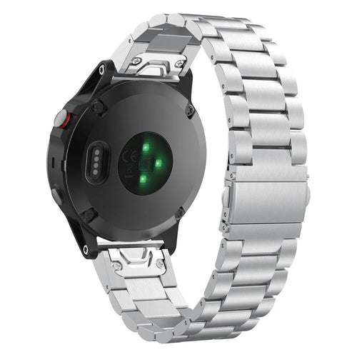 Steel Strap, silver, on a watch, 3/4 rear view