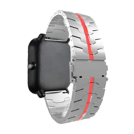 Steel Iron Strap, silver/red, on a watch, 3/4 rear view