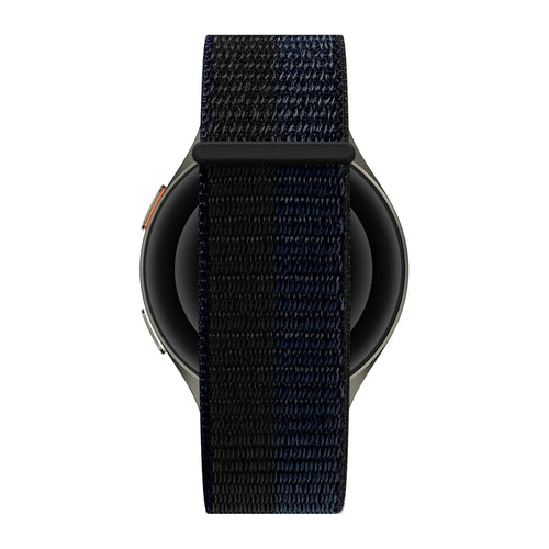 Nylon Strap 'Easy Fit', black/blue, on a watch, direct front view