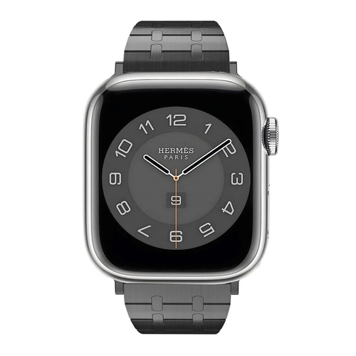 Stainless Steel Strap, black, on a watch, direct front view