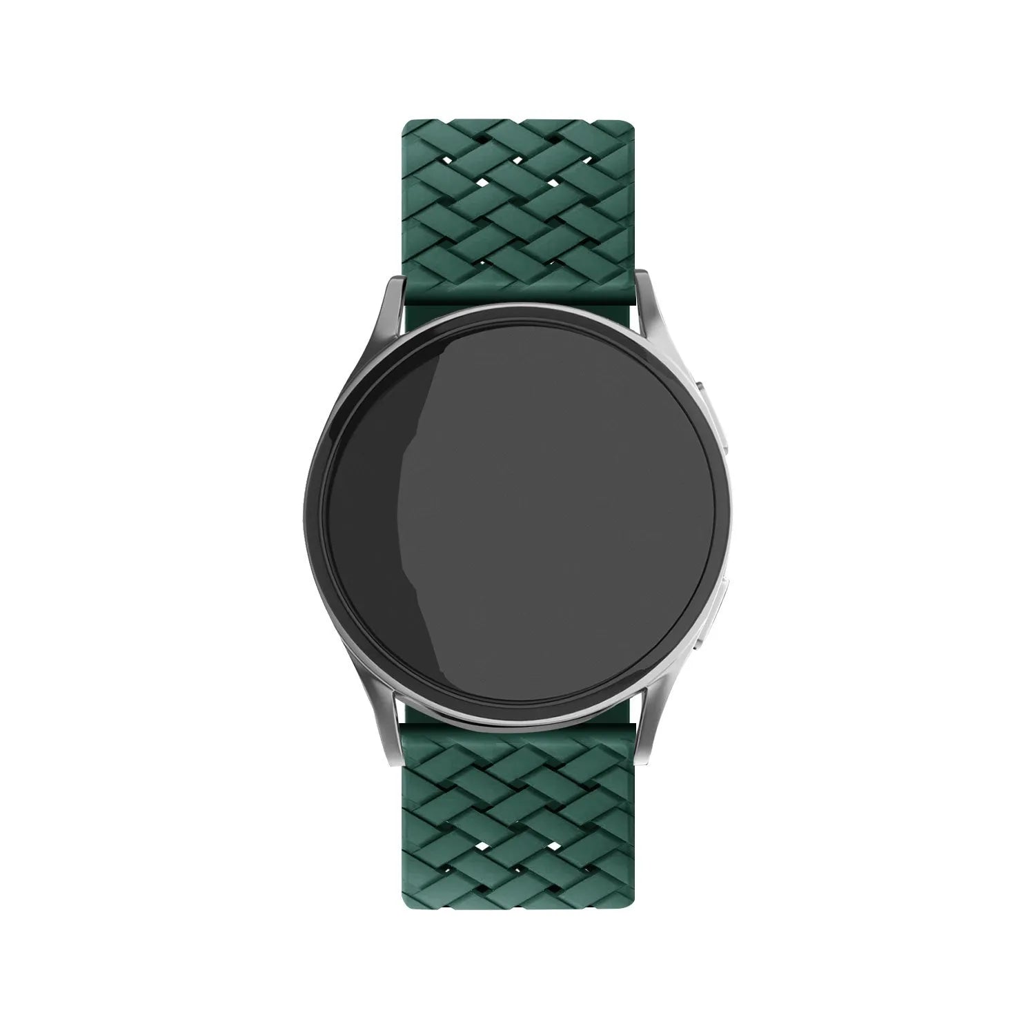 Braided Silicone Strap, dark green, on a watch, direct front view