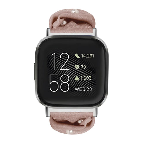 Nylon Scrunchie Strap, beige with pearls, on a watch, direct front view
