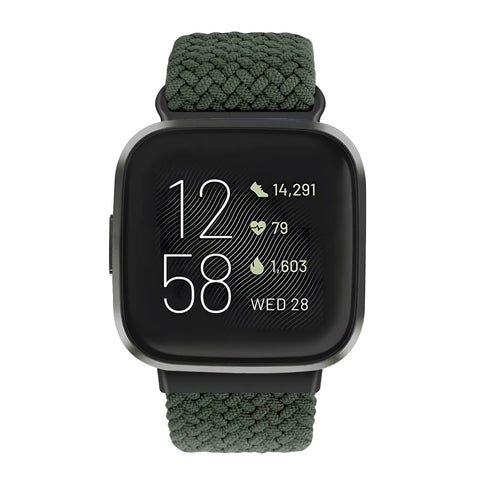 Nylon Adjustable Braided Strap, dark green, on a watch, direct front view