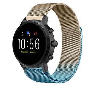 Milanese Strap, blue/gold, on a watch, direct front view