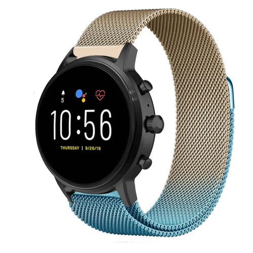 Milanese Strap, blue/gold, on a watch, direct front view