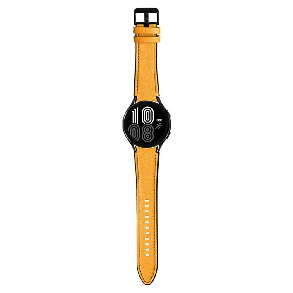 Leather Hybrid Strap, yellow, on a watch, direct front view