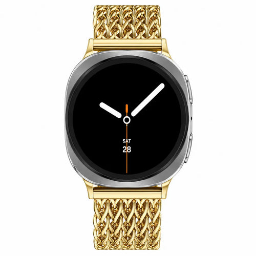 Metal Mesh Strap, gold, on a watch, direct front view