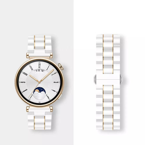 Metal Ceramic Strap, white/gold, on a watch, direct front view