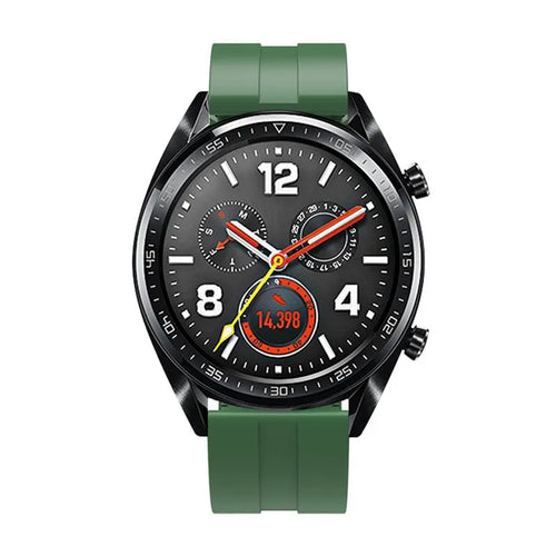 Silicone Strap 'Extreme', army green, on a watch, direct front view