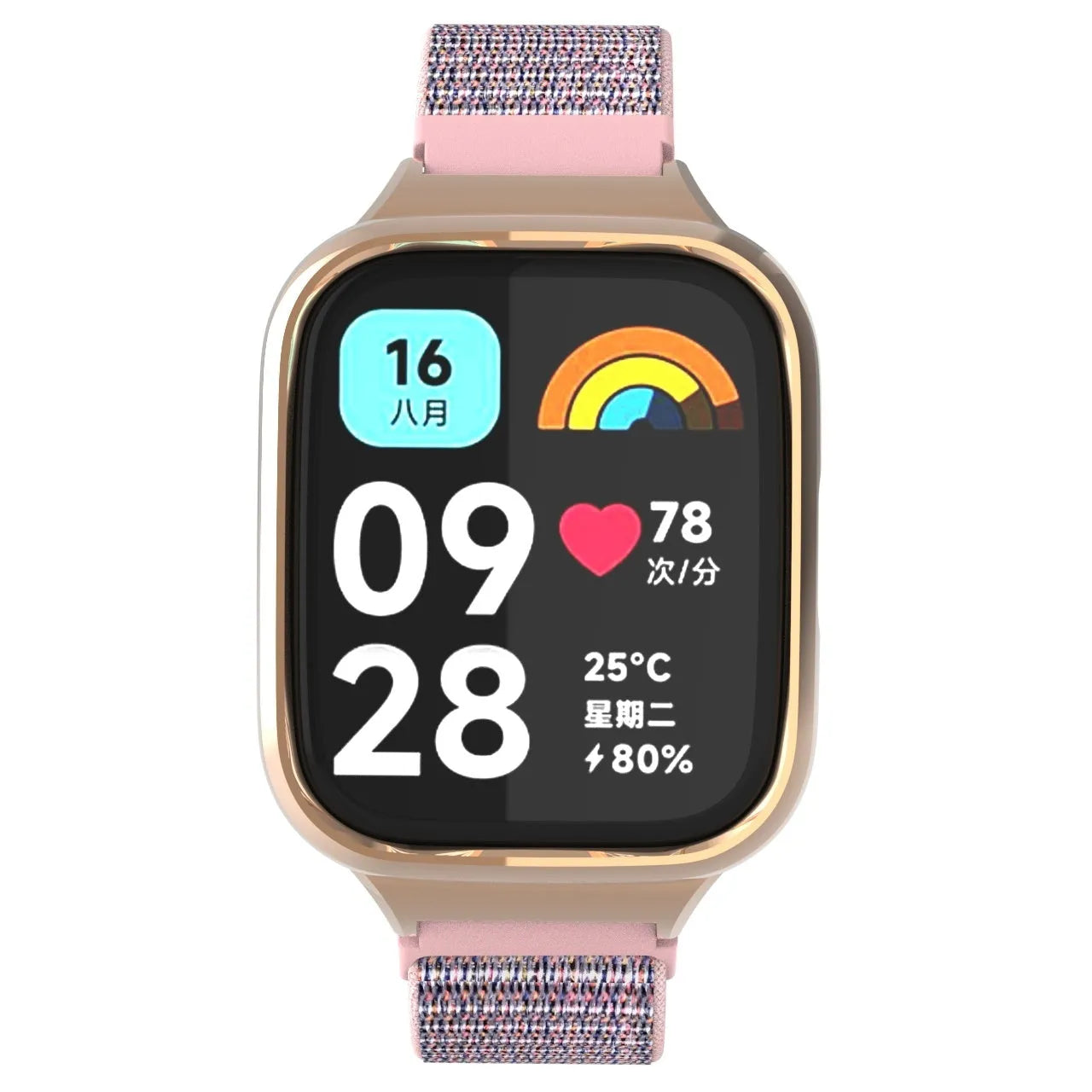 Nylon Strap, pink, on a watch, direct front view