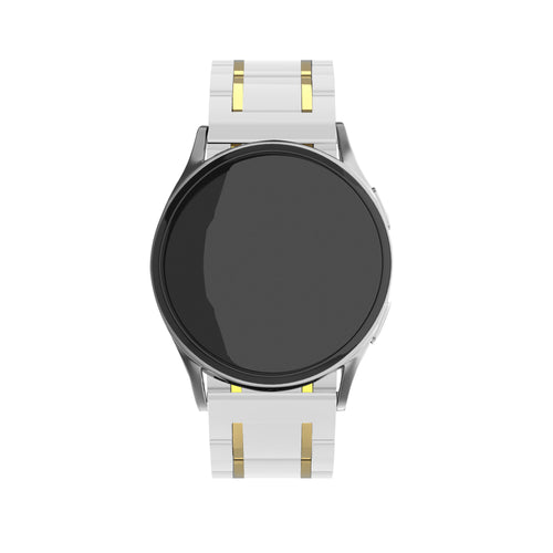 Metal Ceramic Link Strap, white/gold, on a watch, direct front view