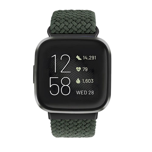 Nylon Adjustable Braided Strap, dark green, on a watch, direct front view