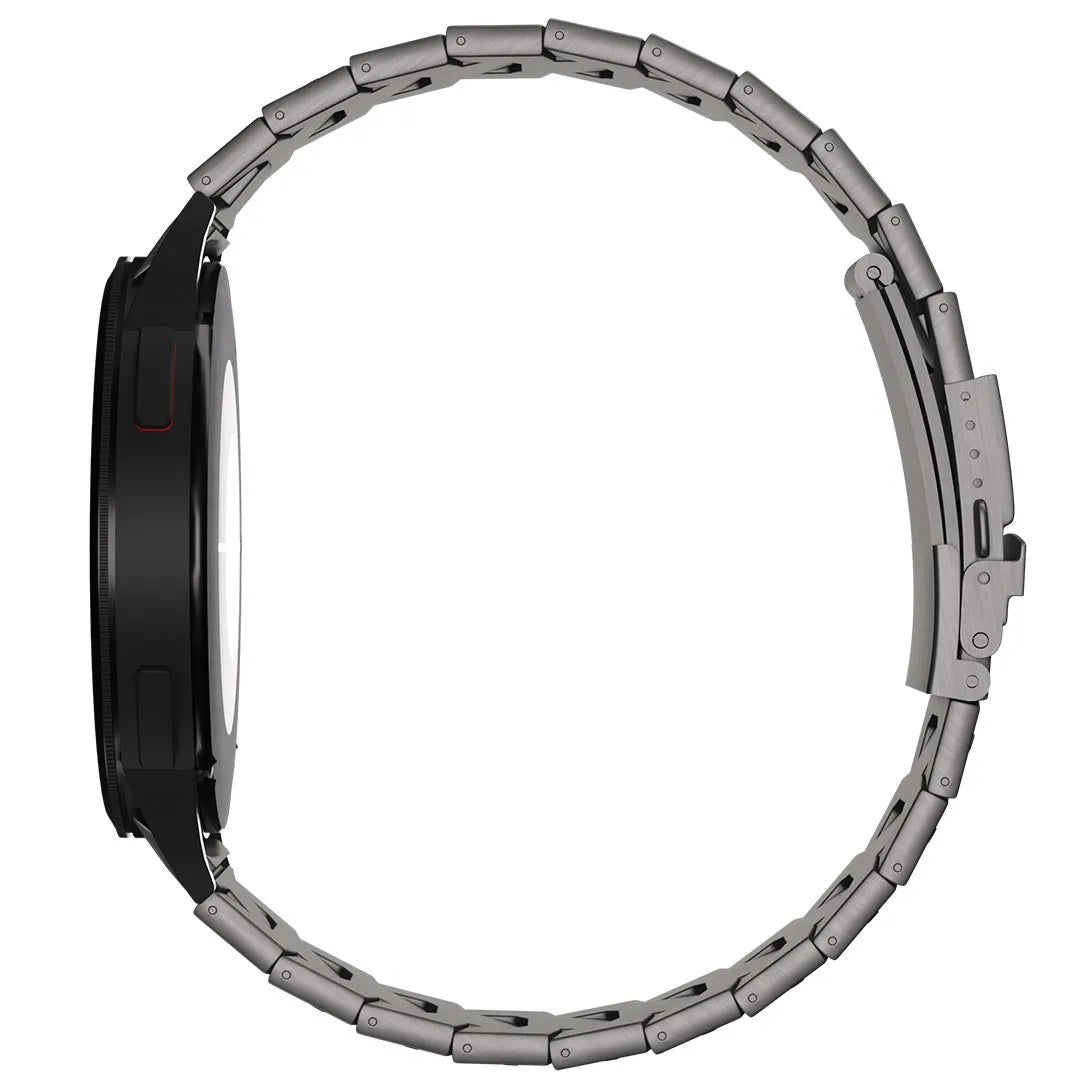 Titanium Strap 'Iron', graphite, on a watch, direct front view