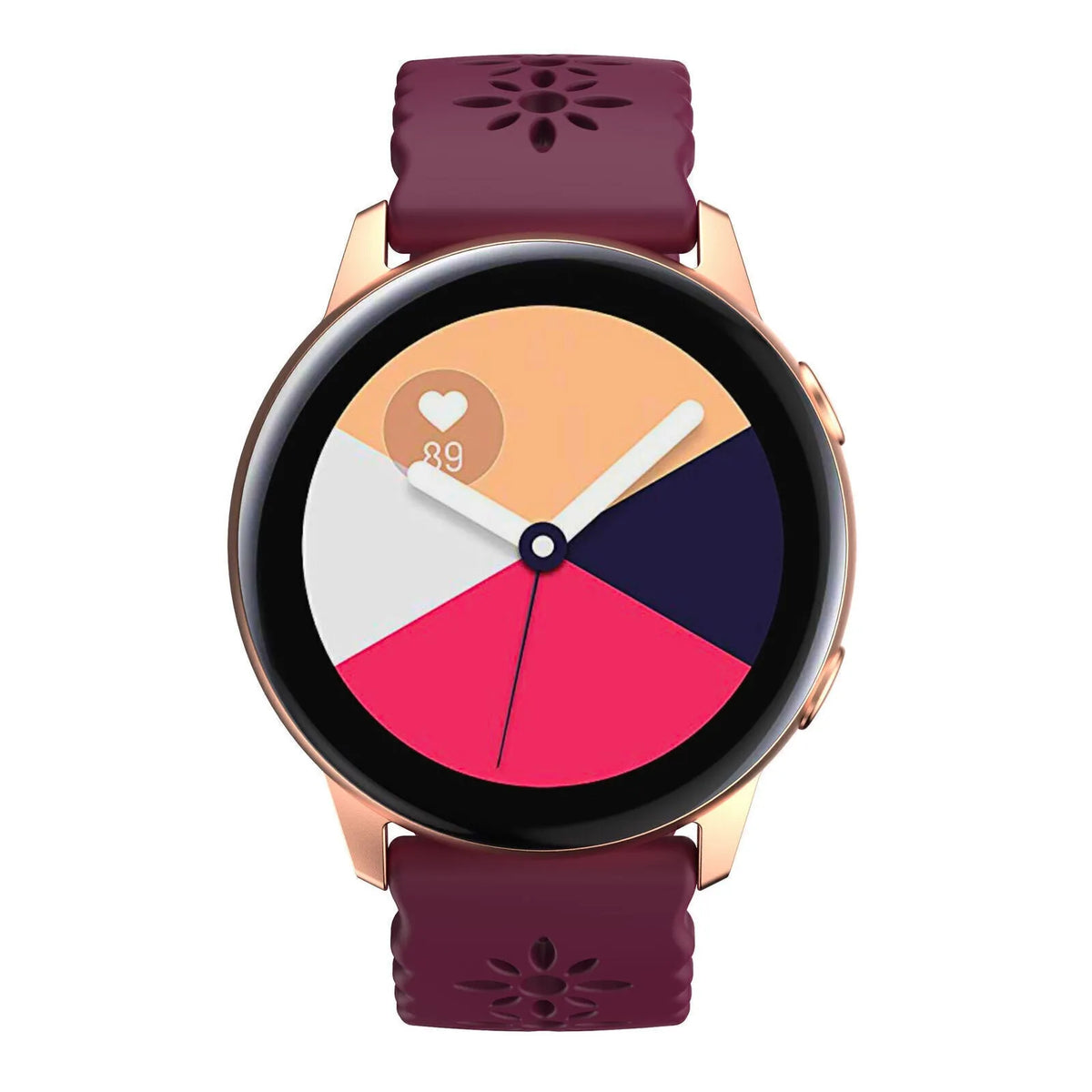 Patterned Silicone Strap, burgundy, on a watch, direct front view