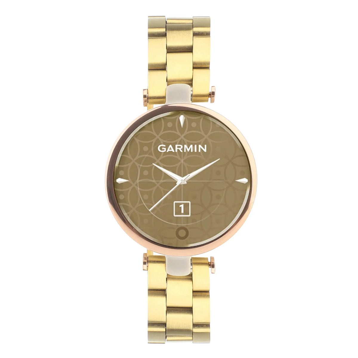 Steel Strap, gold, on a watch, direct front view