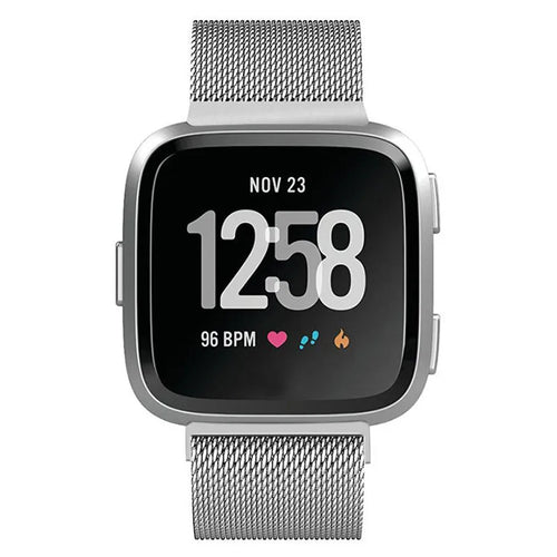 Milanese Strap, silver, on a watch, direct front view