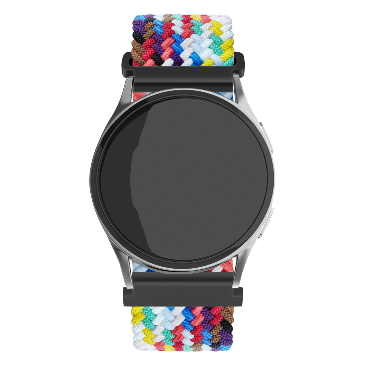 Nylon Adjustable Braided Strap, colourful, on a watch, direct front view