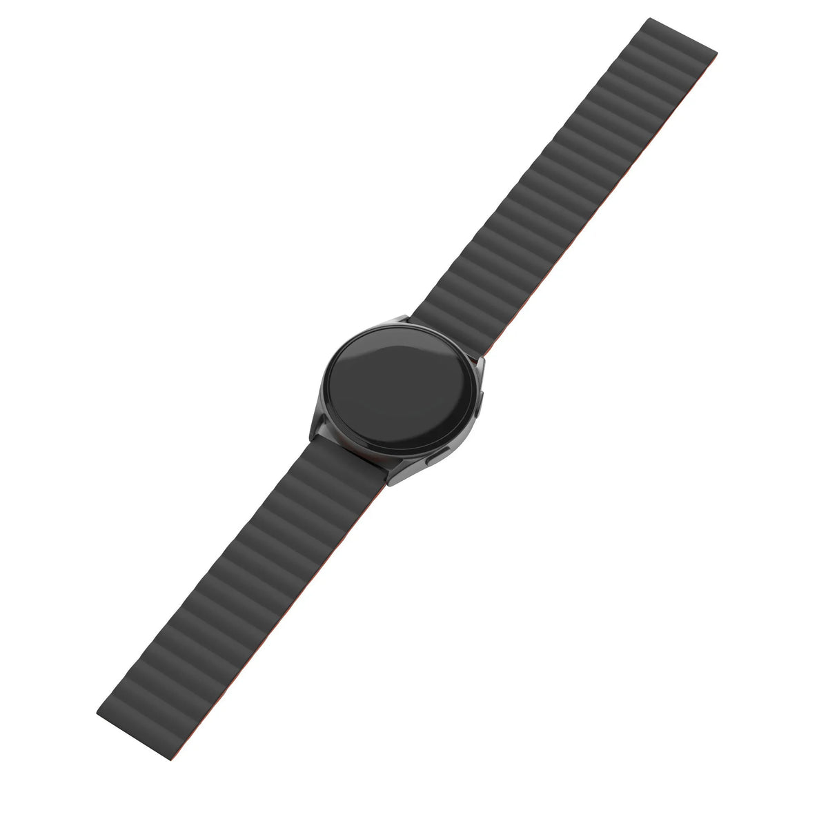 Magnetic Silicone Strap, black/orange, on a watch, direct front view