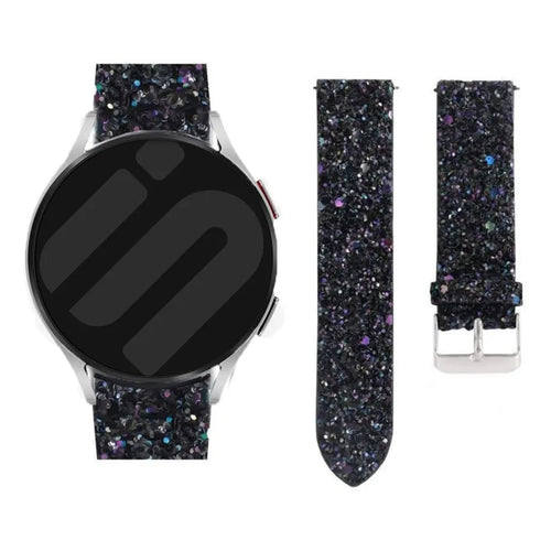 Leather Strap with Glitters, black, on a watch, direct front view