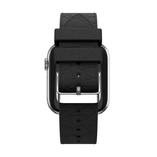 Silicone Strap Leather Pattern, black, on a watch, direct rear view