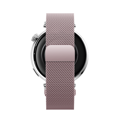 Milanese Strap 'Easy Fit', pink, on a watch, direct rear view
