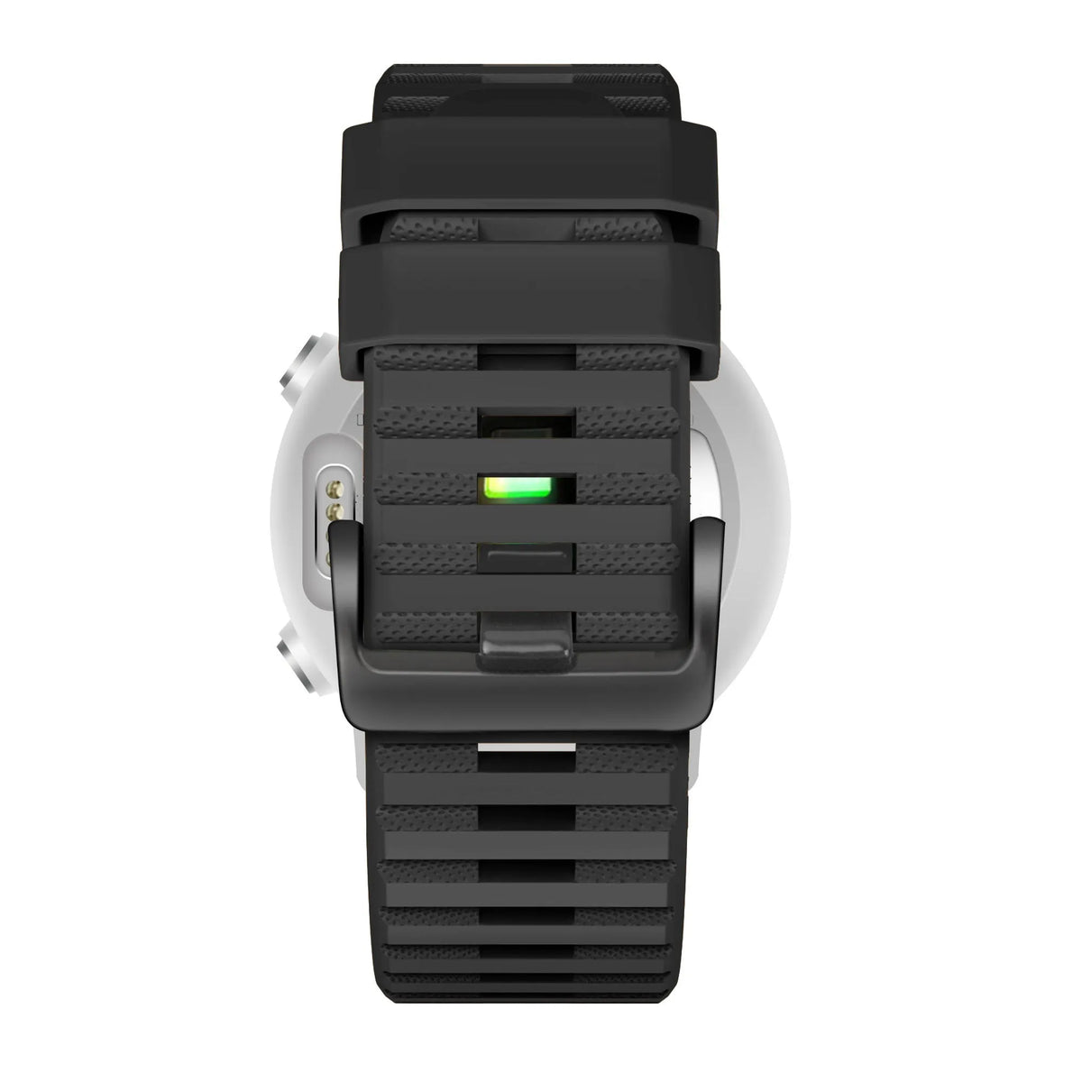 Buckled Silicone Strap, black, on a watch, direct rear view