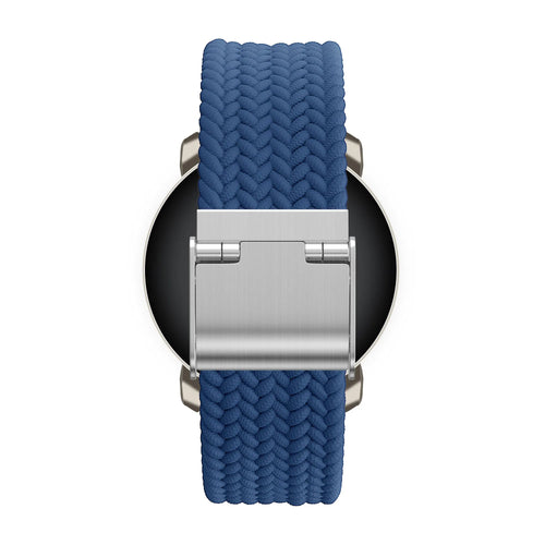 Woven Nylon Strap, blue, on a watch, direct rear view