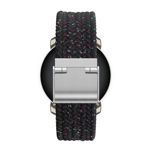 Woven Nylon Strap, black mix, on a watch, direct rear view