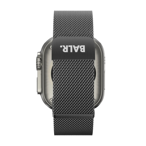 Milanese Strap, black, on a watch, direct rear view