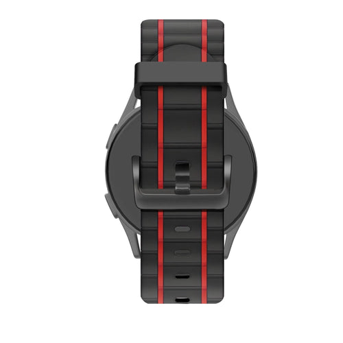 Silicone Sport Strap Striped, black/red, on a watch, direct rear view