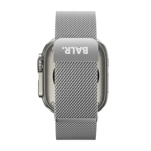 Milanese Strap, silver, on a watch, direct rear view