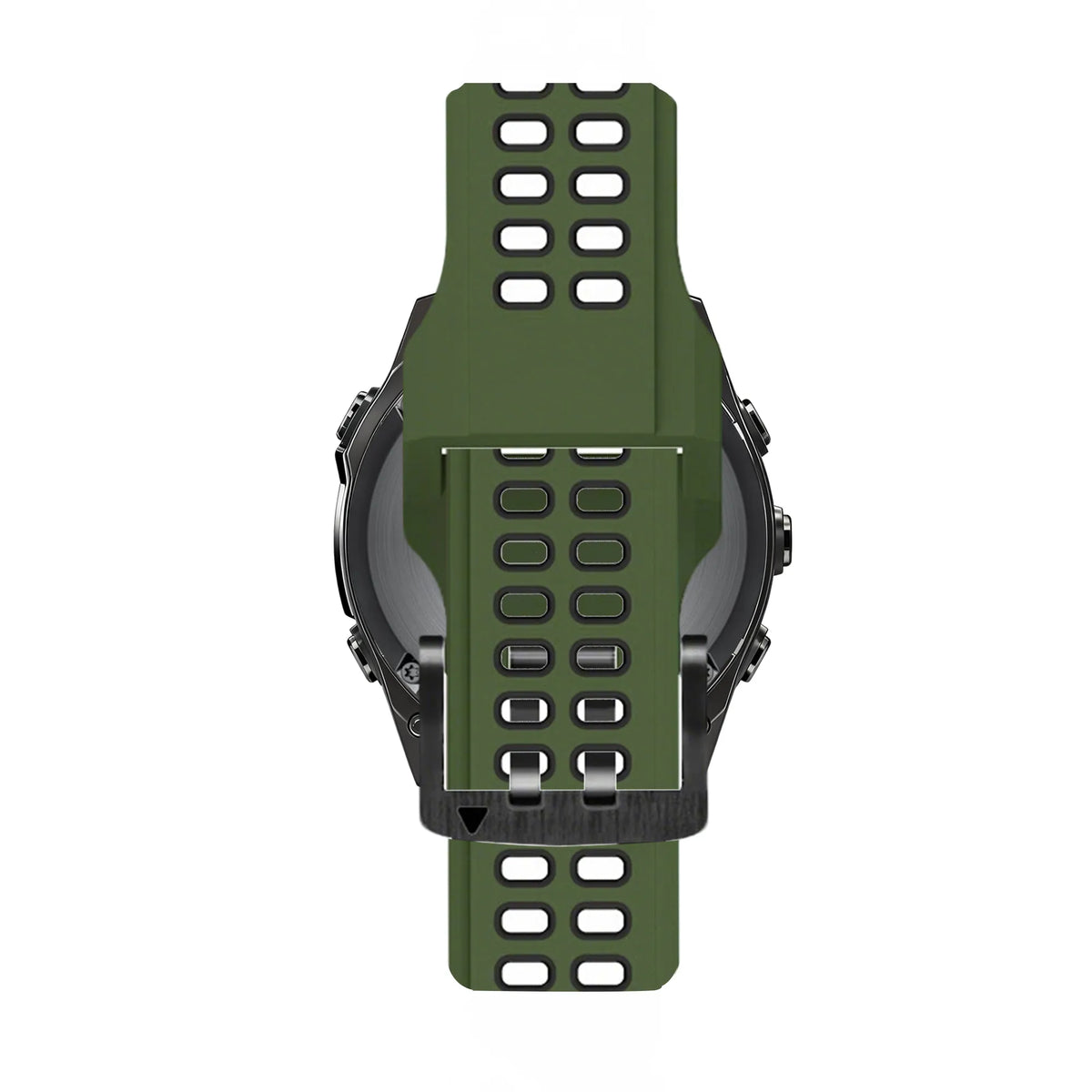 Silicone Dual Buckled Sport Strap, olive green/black, on a watch, direct rear view