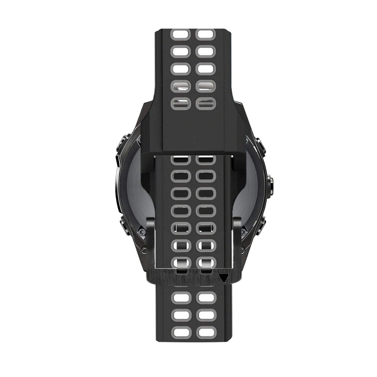 Silicone Dual Buckled Sport Strap, black/grey, on a watch, direct rear view