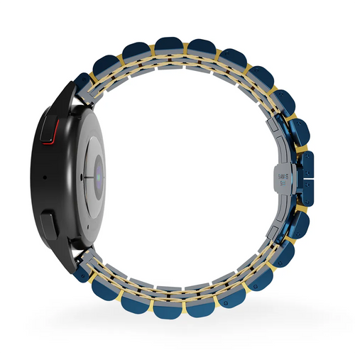 Steel Link Strap 'Duo', blue/gold, on a watch, direct rear view