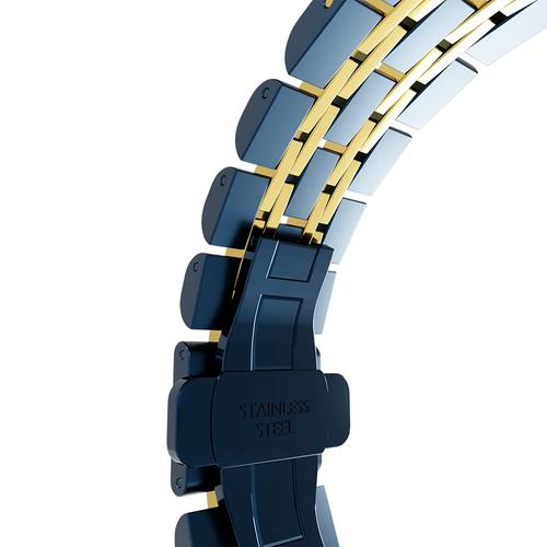 Steel Link Strap 'Duo', blue/gold, without a watch, 3/4 front view