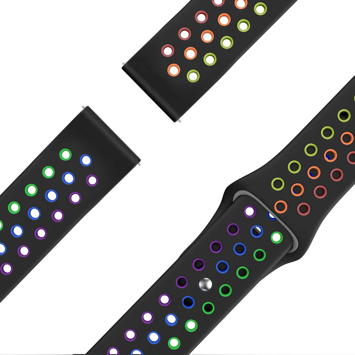 Silicone Sport Strap 'Deluxe', black/colourful, laid flat, separate parts, direct top view