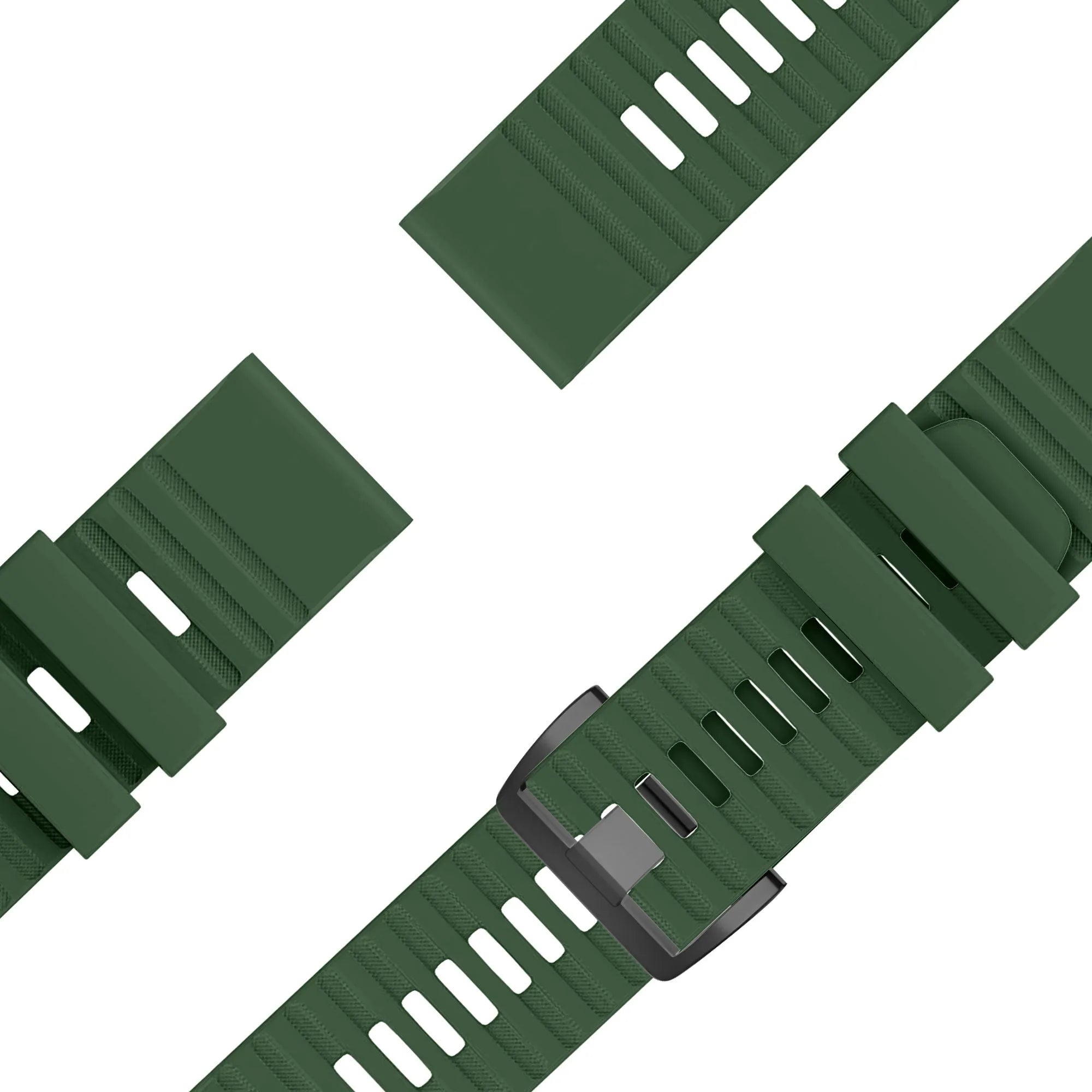 Buckled Silicone Strap, dark green, laid flat, separate parts, direct top view