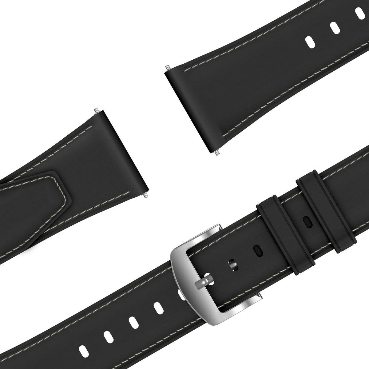 Leather Strap 'Easy Fit', black, laid flat, separate parts, direct top view