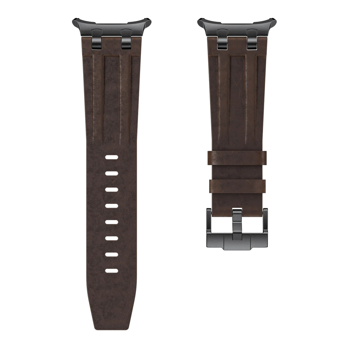 Solid Leather Strap, coffee, laid flat, separate parts, direct top view