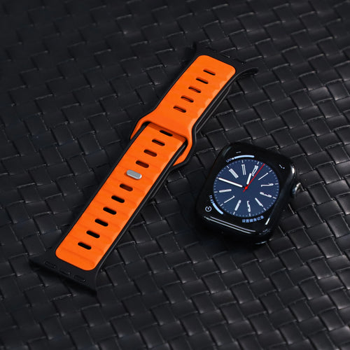 Silicone Premium Outdoor Strap, orange/black, laid flat, separate parts, direct top view