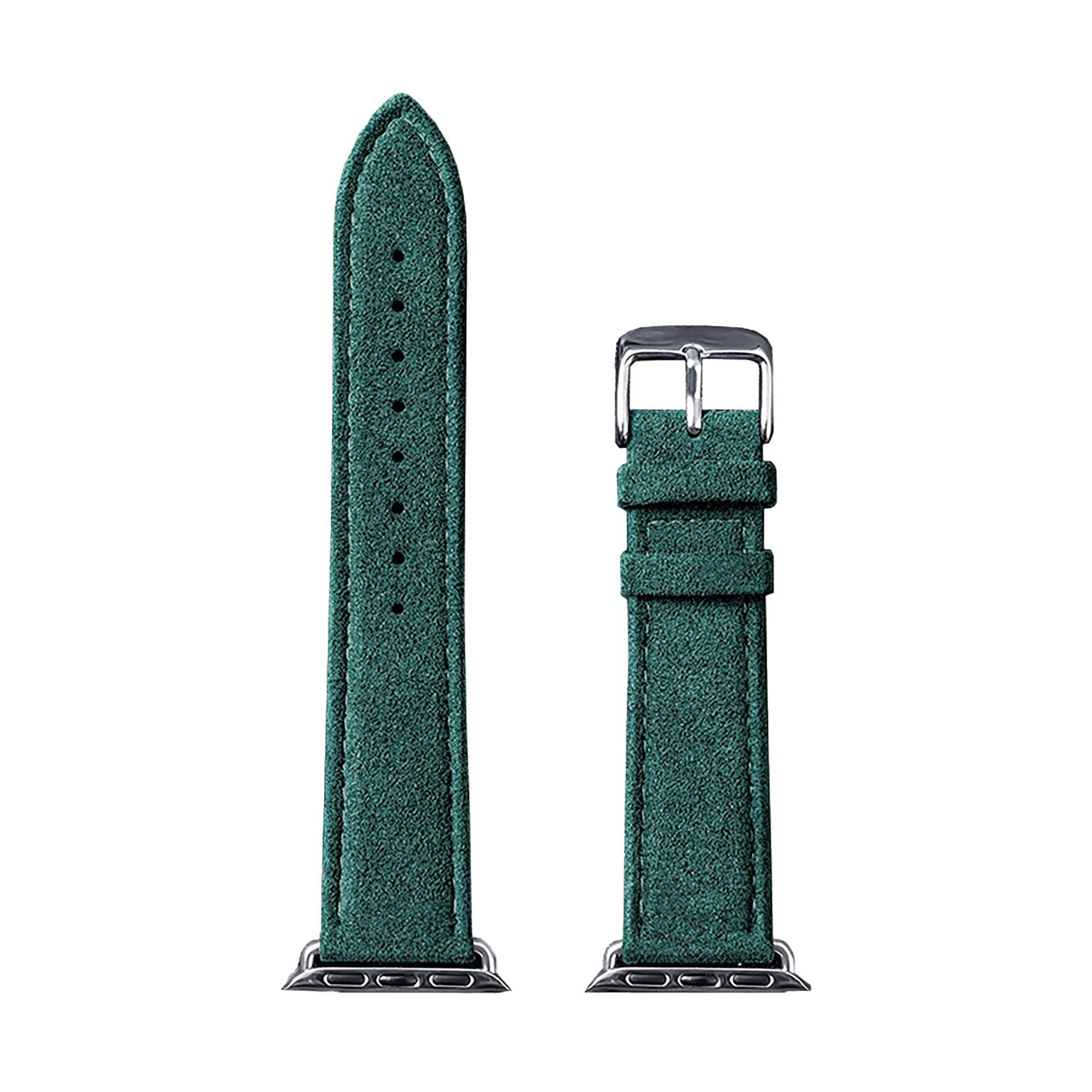 Nylon Buckled Alcantara Strap, dark green, laid flat, separate parts, direct top view