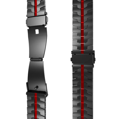 Steel Iron Strap, black/red, laid flat, separate parts, direct top view