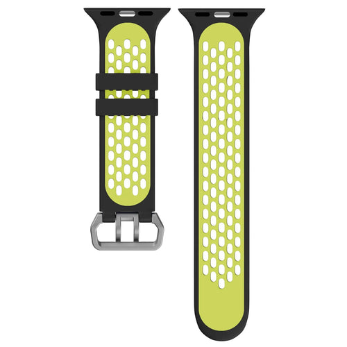 Silicone Buckled Sport Strap, black/yellow, laid flat, separate parts, direct top view