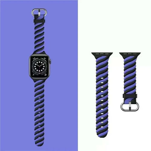Twisted Silicone Strap, black/blue, laid flat, separate parts, direct top view