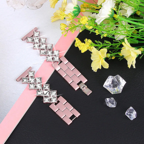 Steel Diamond Strap, pink, laid flat, separate parts, direct top view