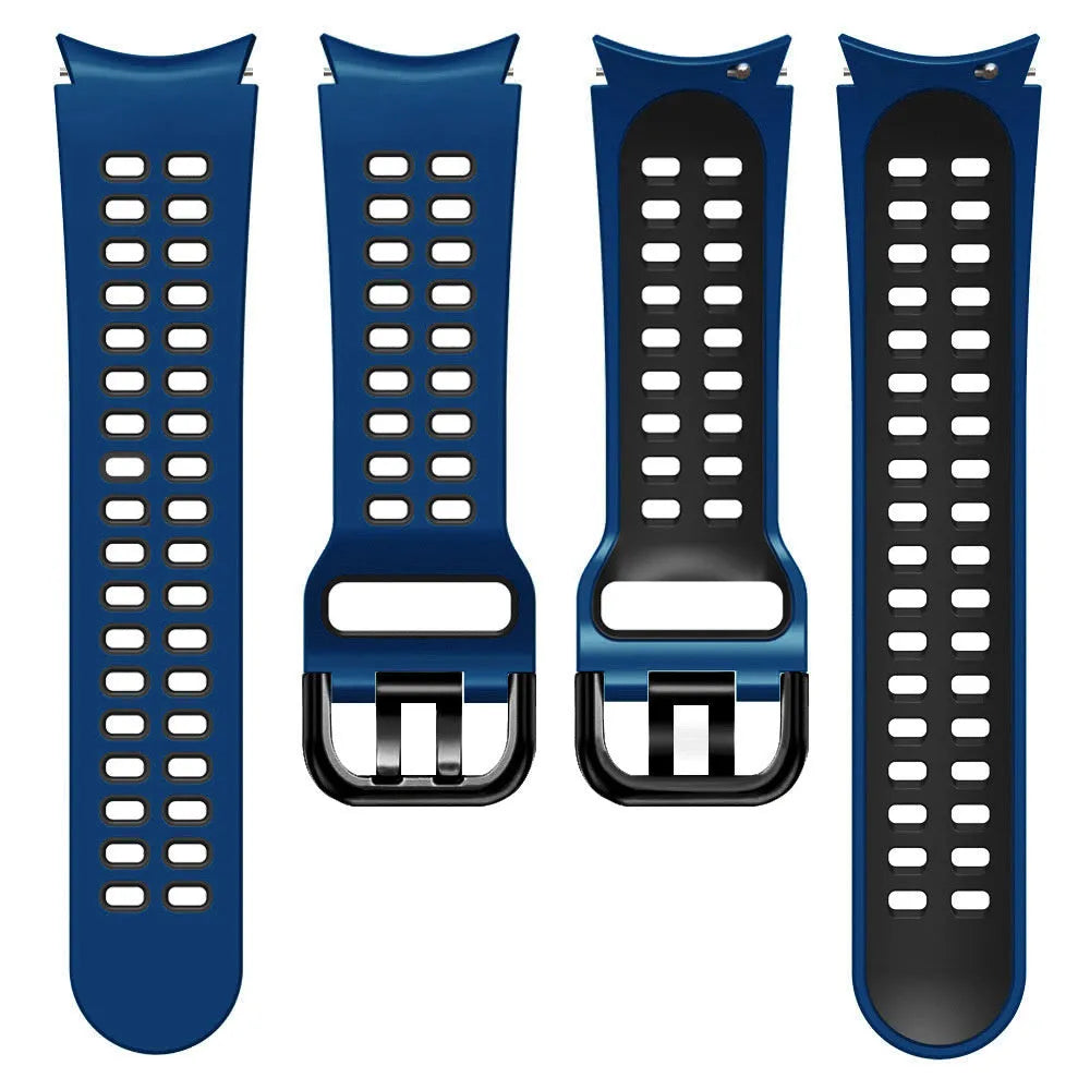 Silicone Squared Sport Strap, dark blue/black, laid flat, separate parts, direct top view