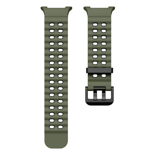 Silicone Ocean Strap, olive green/black, laid flat, separate parts, direct top view