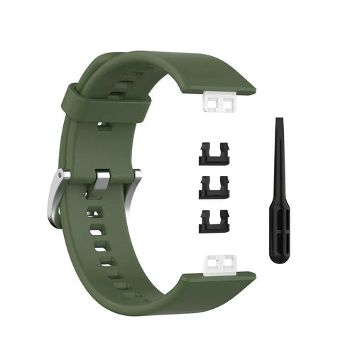 Silicone Strap, dark green, laid flat, separate parts, direct top view