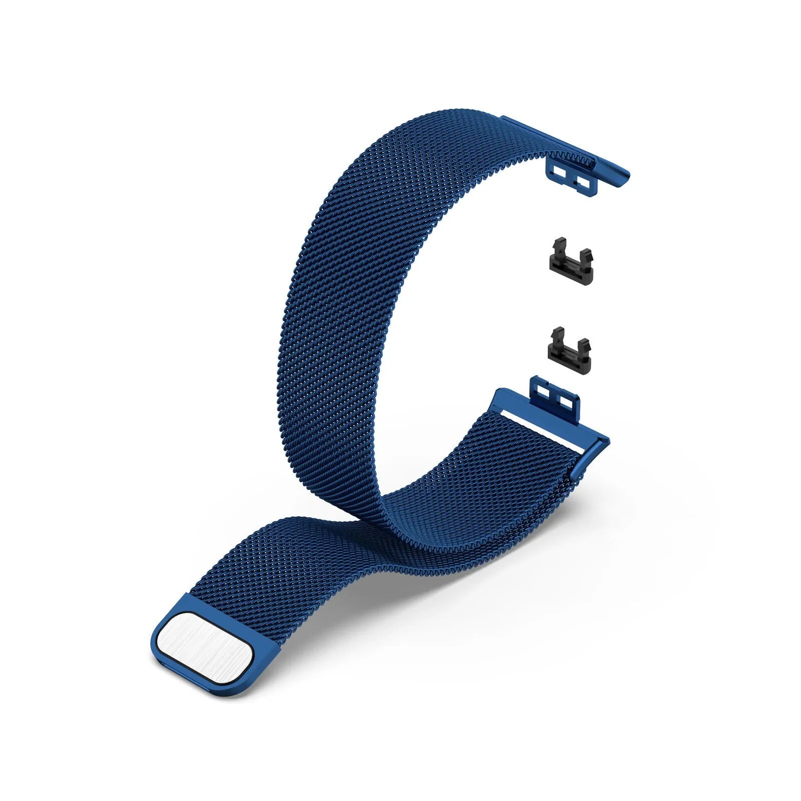 Milanese Strap, blue, laid flat, separate parts, direct top view
