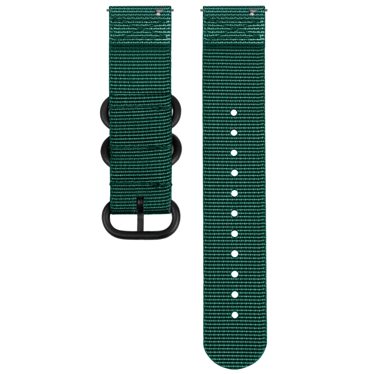 Nylon Buckle Strap, dark green, laid flat, separate parts, direct top view